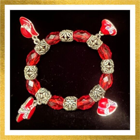 Vintage Jewelry - 3/$20 VINTAGE Beaded RED HAT Silver CHARM Stretch BRACELET